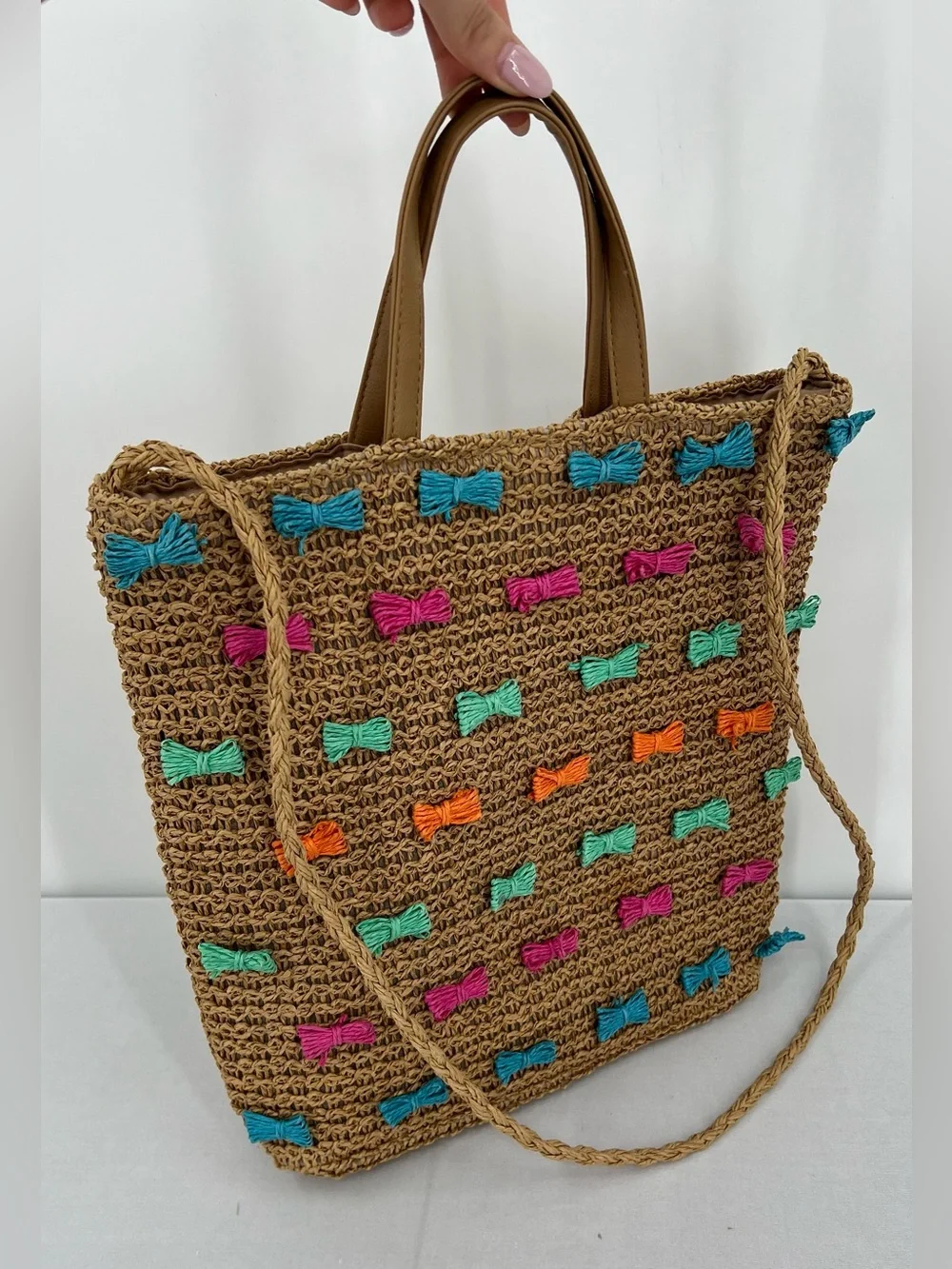 Raffia woven straw colorful Bow Tote Beach Bag euro summer coastal vacation